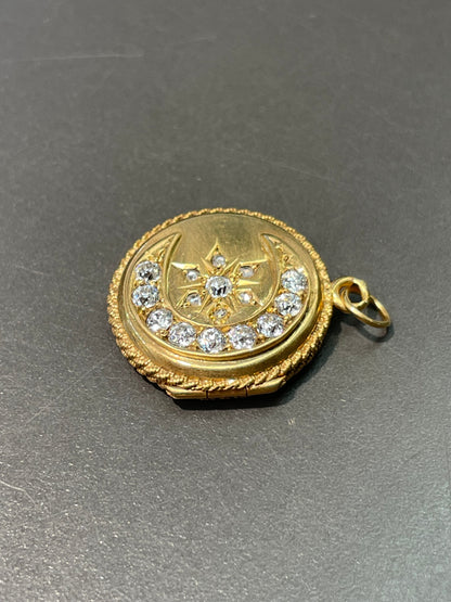 Antique 14K Gold 0.92 CTW Crescent and Star Diamond Locket Pendant