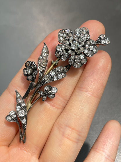 Antique 14K Topped Silver 3.34 CTW Diamond Flower Tremblant Brooch