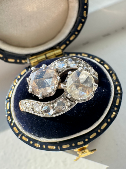 古董铂金镶 18K 金 2.16 CTW 玫瑰切割钻石 Toi Et Moi 戒指