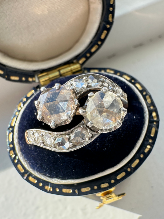 古董铂金镶 18K 金 2.16 CTW 玫瑰切割钻石 Toi Et Moi 戒指