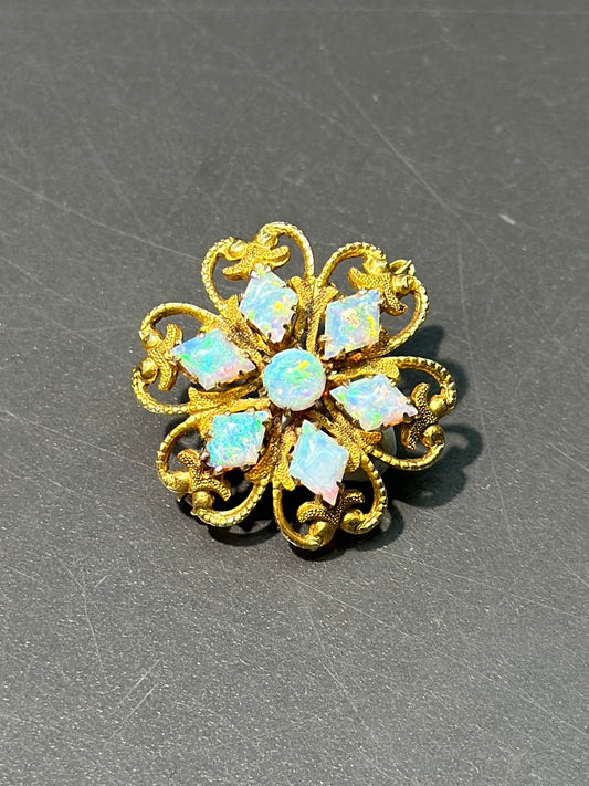 新艺术风格 14K 金蛋白石花朵胸针