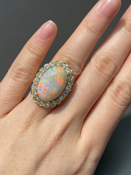 18K Gold Australian Opal Diamond Halo Ring