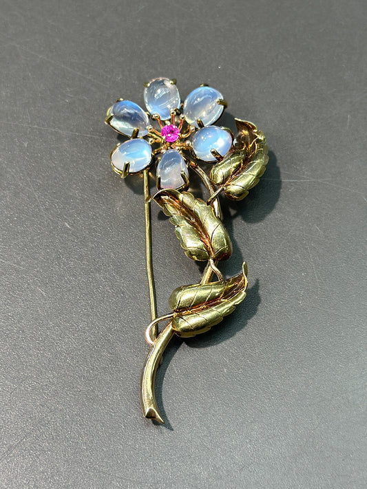 Retro 14K Gold Moonstone and Ruby Daisy Flower Brooch