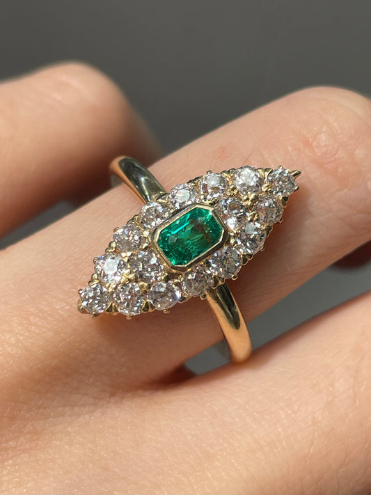 Antique 14K Yellow Gold Colombian 0.71 CTW Emerald Diamond Navette Ring