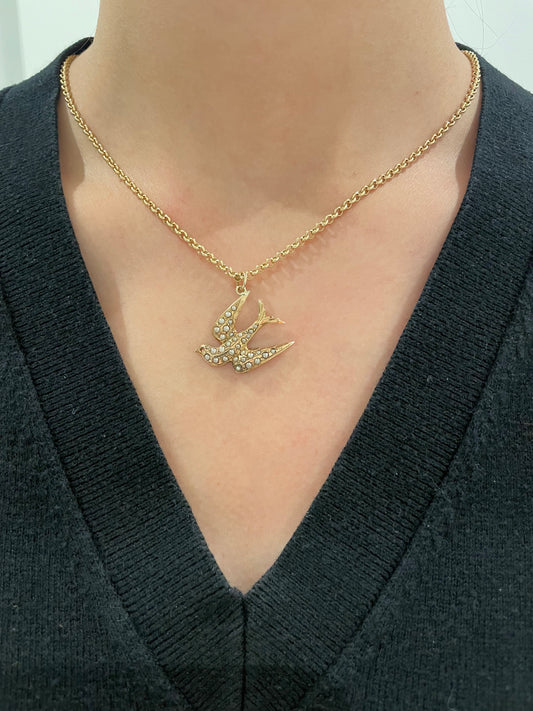 古董 14K 金珍珠燕子吊坠