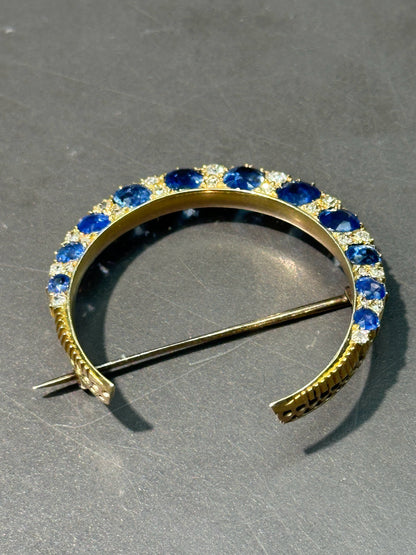 古董 14K 金天然未加热蓝宝石钻石新月胸针