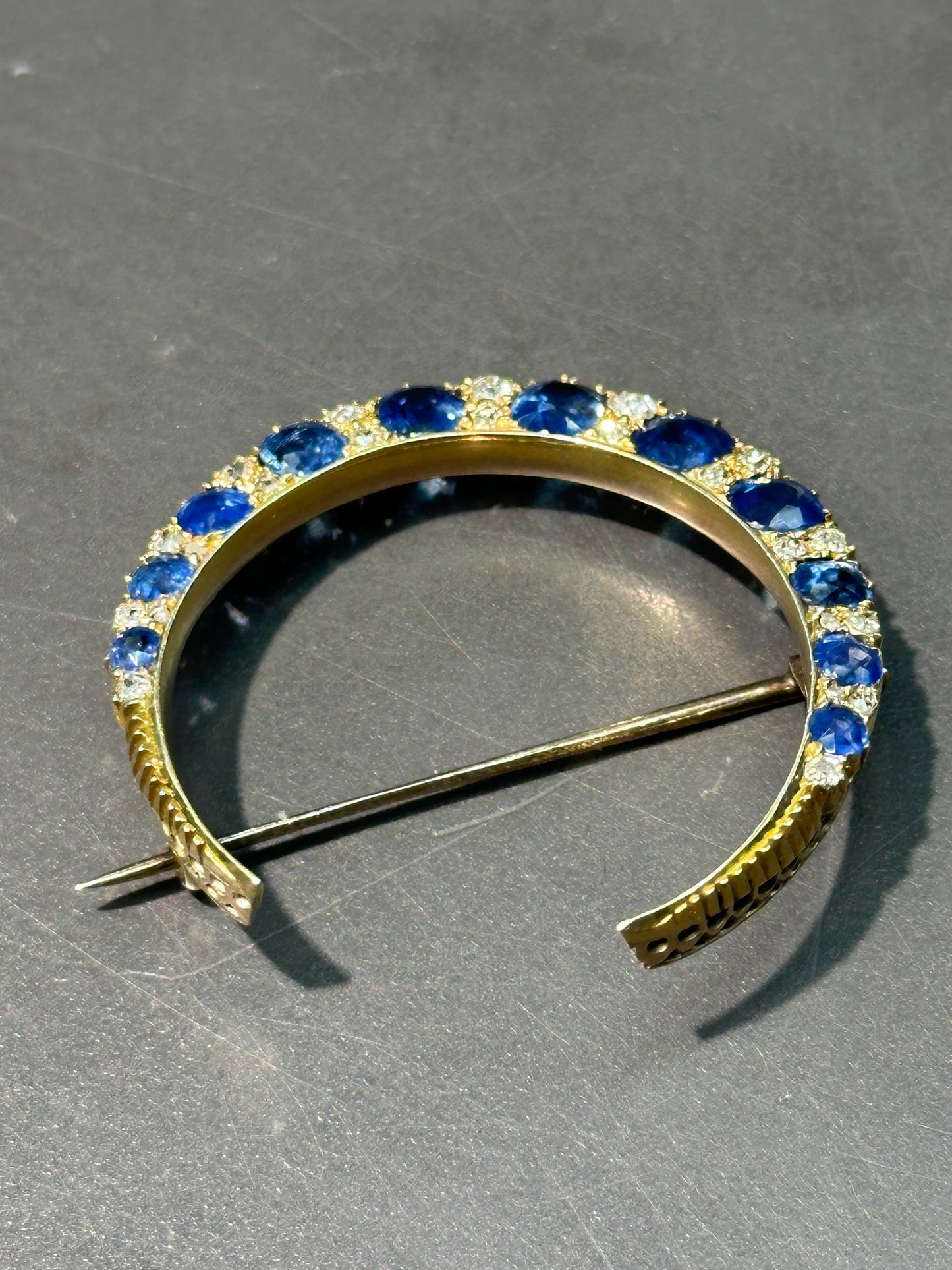 Antique 14K Gold Natural Unheated Sapphire Diamond Crescent Brooch