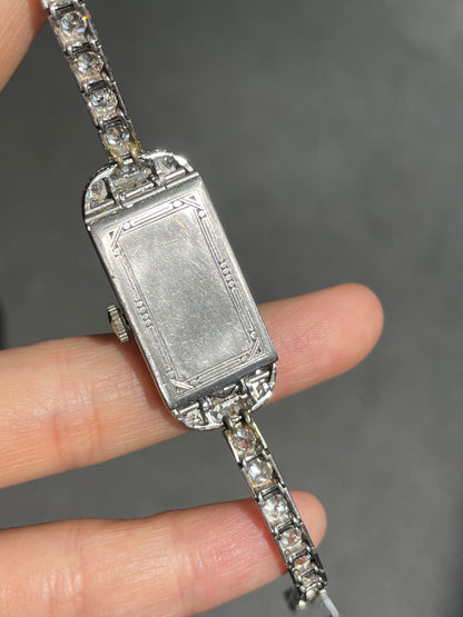 Art Deco Platinum Diamond Emerald Watch Bracelet
