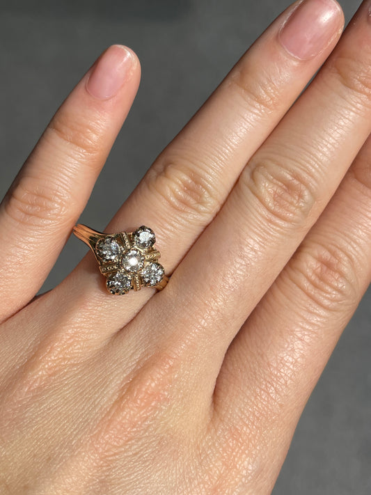 Victorian 15K Gold 1.25 CTW Old Mine Cut Diamond Quatrefoil Ring