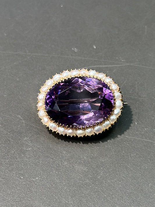 Victorian 14K Amethyst Seed Pearl  Halo Brooch