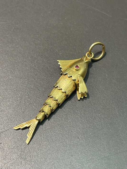 Vintage 18K Yellow Gold Ruby Articulated Fish Pendant