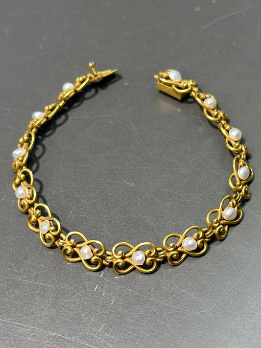 Art Nouveau 14K Gold Natural Pearl Bracelet