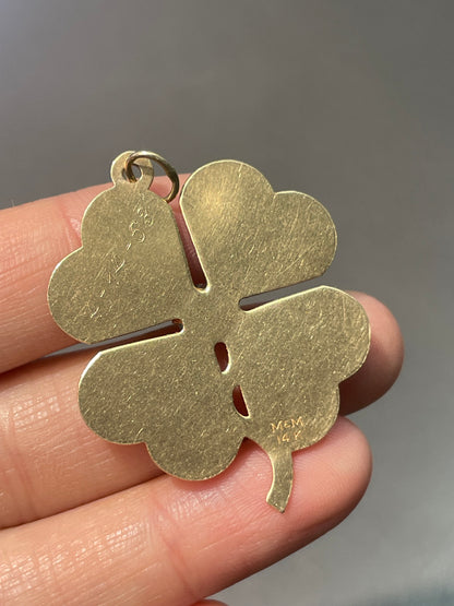 Vintage 14K Yellow Gold Topaz Engine Turned Clover Shamrock Pendant Charm