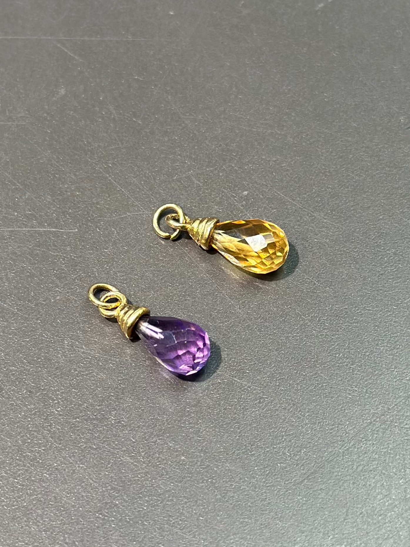 18K Gold Citrine and Amethyst Drop Charms