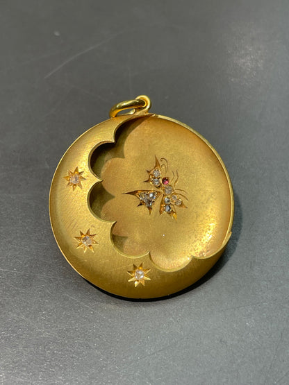古董 14K 金钻石蝴蝶新月吊坠