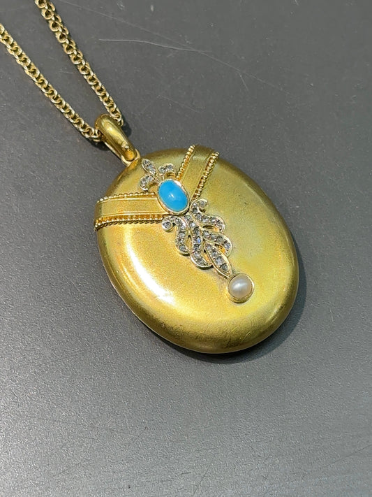 Victorian 18K Gold Natural Pearl Turquoise Diamond Locket