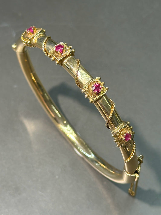 Vintage 14K Yellow Gold Natural Ruby Bangle Bracelet