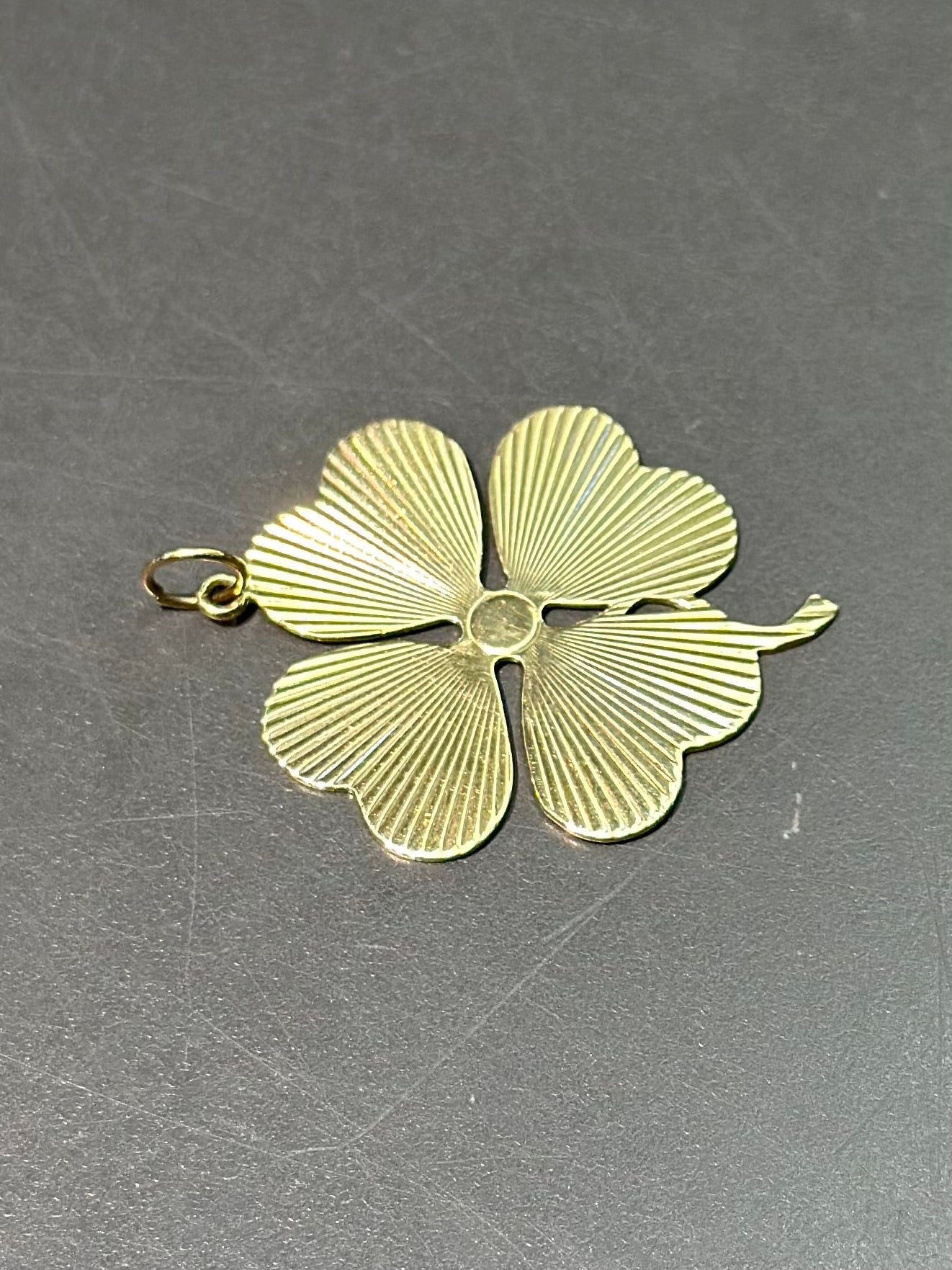 Vintage 14K Gold Large Engine Turned Four Leaf Clover Pendant