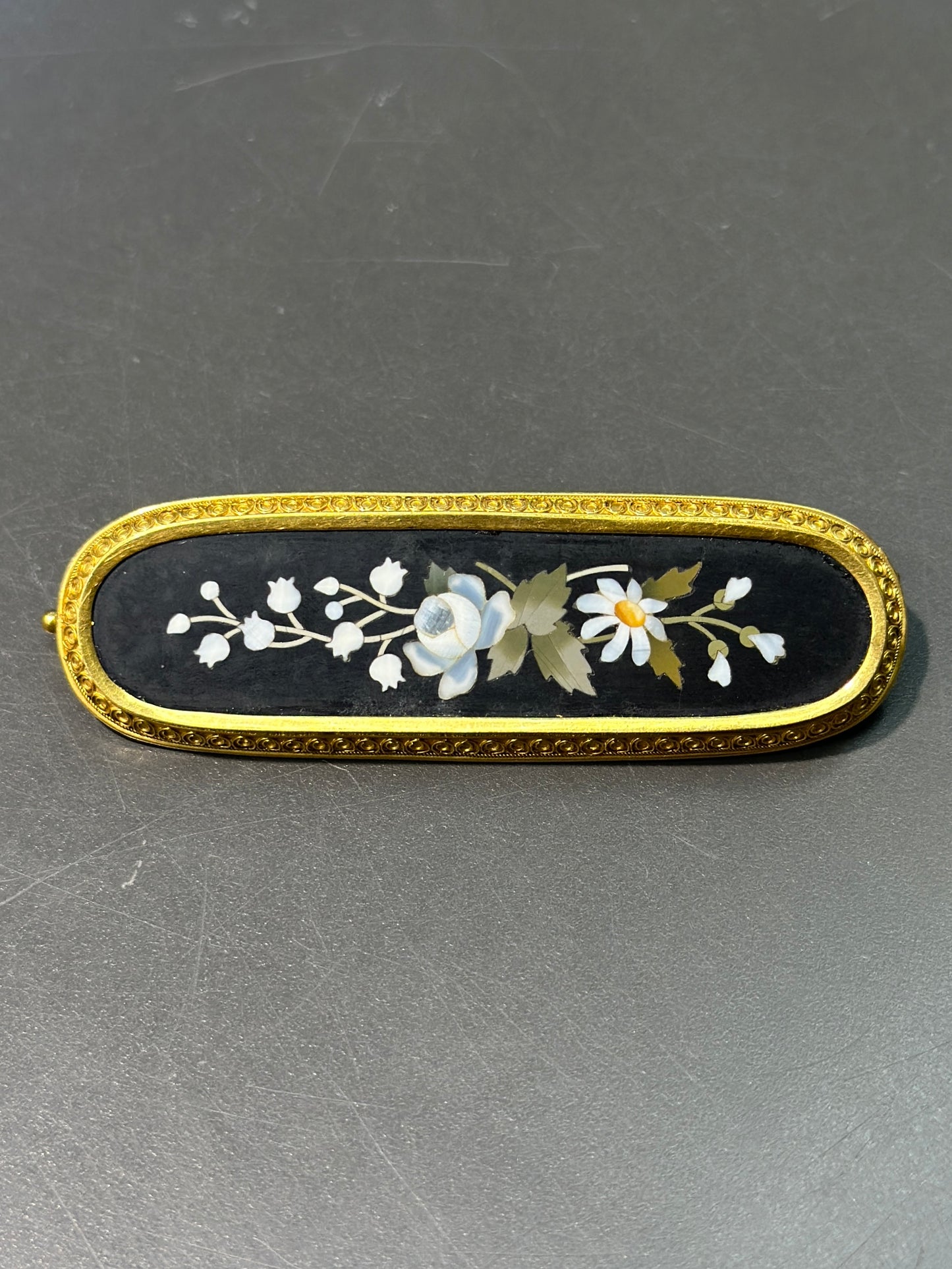 Victorian Etruscan 18K Gold Pietra Dura Brooch