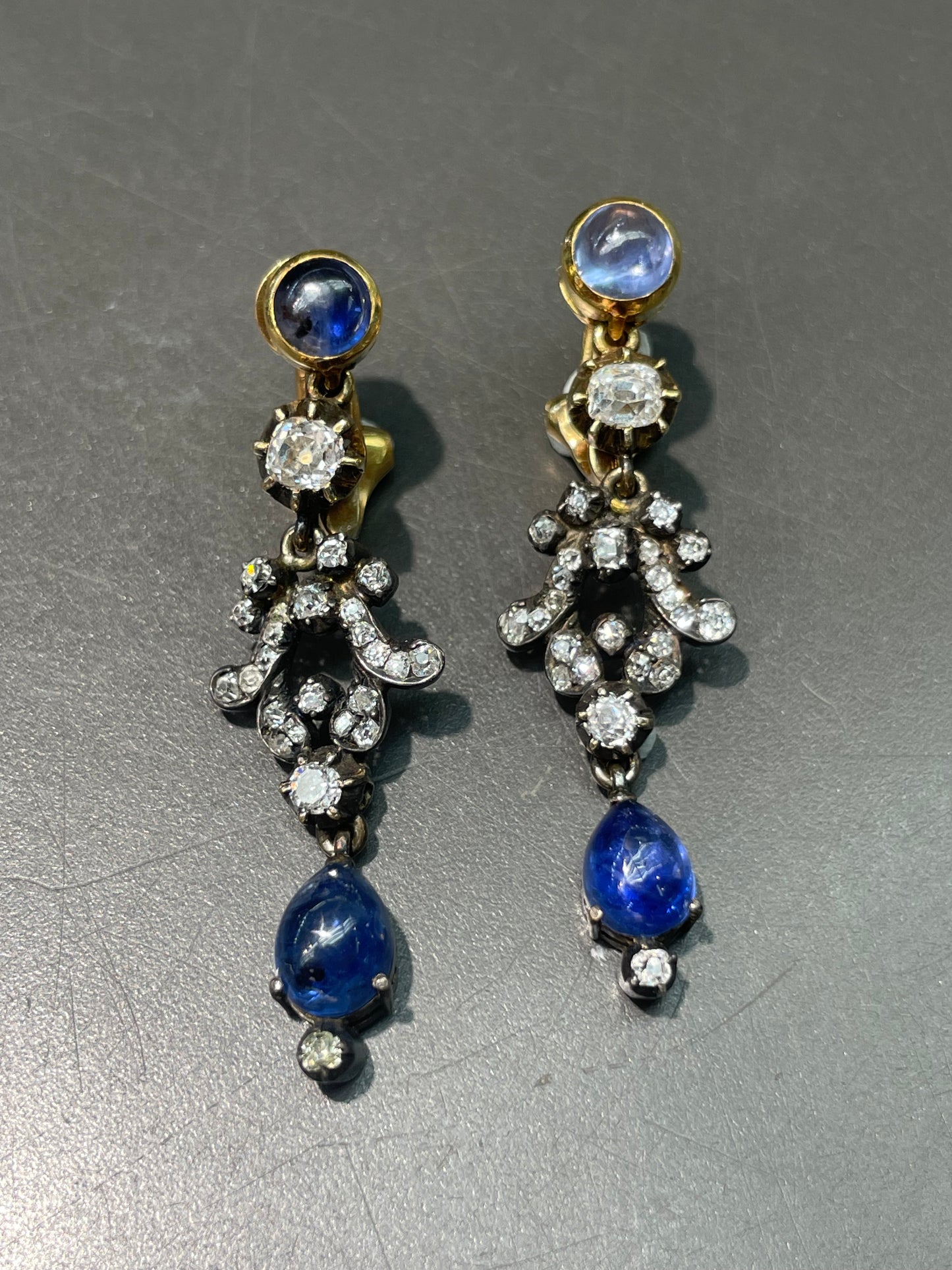 Antique 18K Yellow Gold Silver Sapphire Diamond Drop Earrings