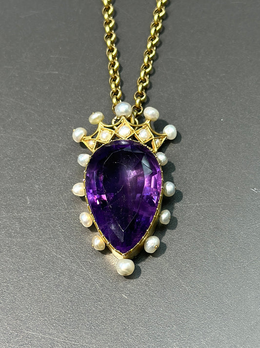 Victorian 14K Gold Amethyst Natural Pearl Crown Pendant