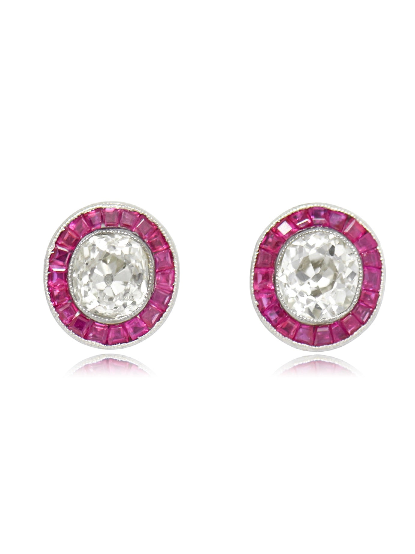 Vintage Platinum 1.75 CTW Old Mine Cut Diamond Ruby Target Stud Earring