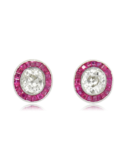 Vintage Platinum 1.75 CTW Old Mine Cut Diamond Ruby Target Stud Earring
