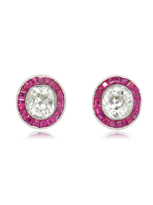 Vintage Platinum 1.75 CTW Old Mine Cut Diamond Ruby Target Stud Earring