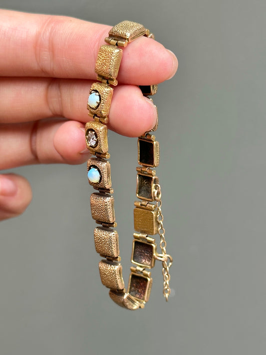 Victorian 14K Gold Opal and Diamond Square Button Bracelet