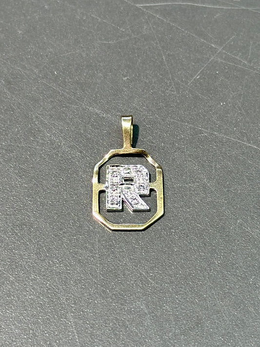 Pendentif lettre diamant « R » vintage en or 14 carats bicolore