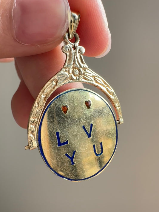 Grand pendentif spinner vintage en or 14 carats « I LOVE YOU »