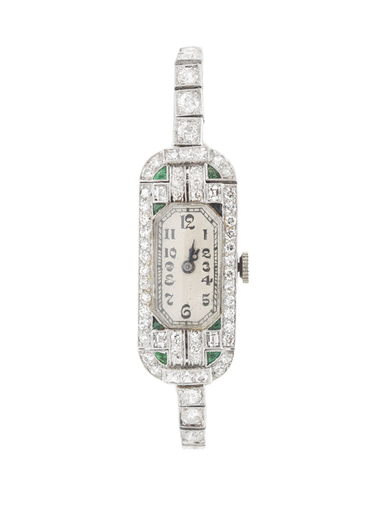 Art Deco Platinum Diamond Emerald Watch Bracelet