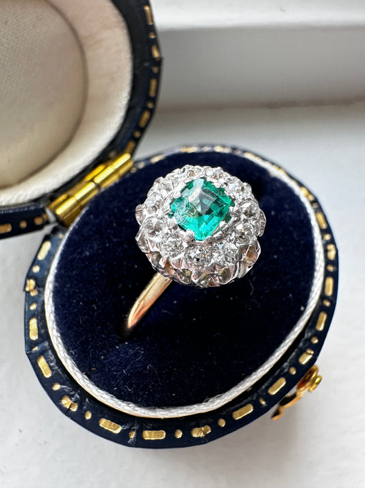 Antique Platinum 14K Yellow Gold 0.38 CTW Colombian Emerald Diamond Halo Ring