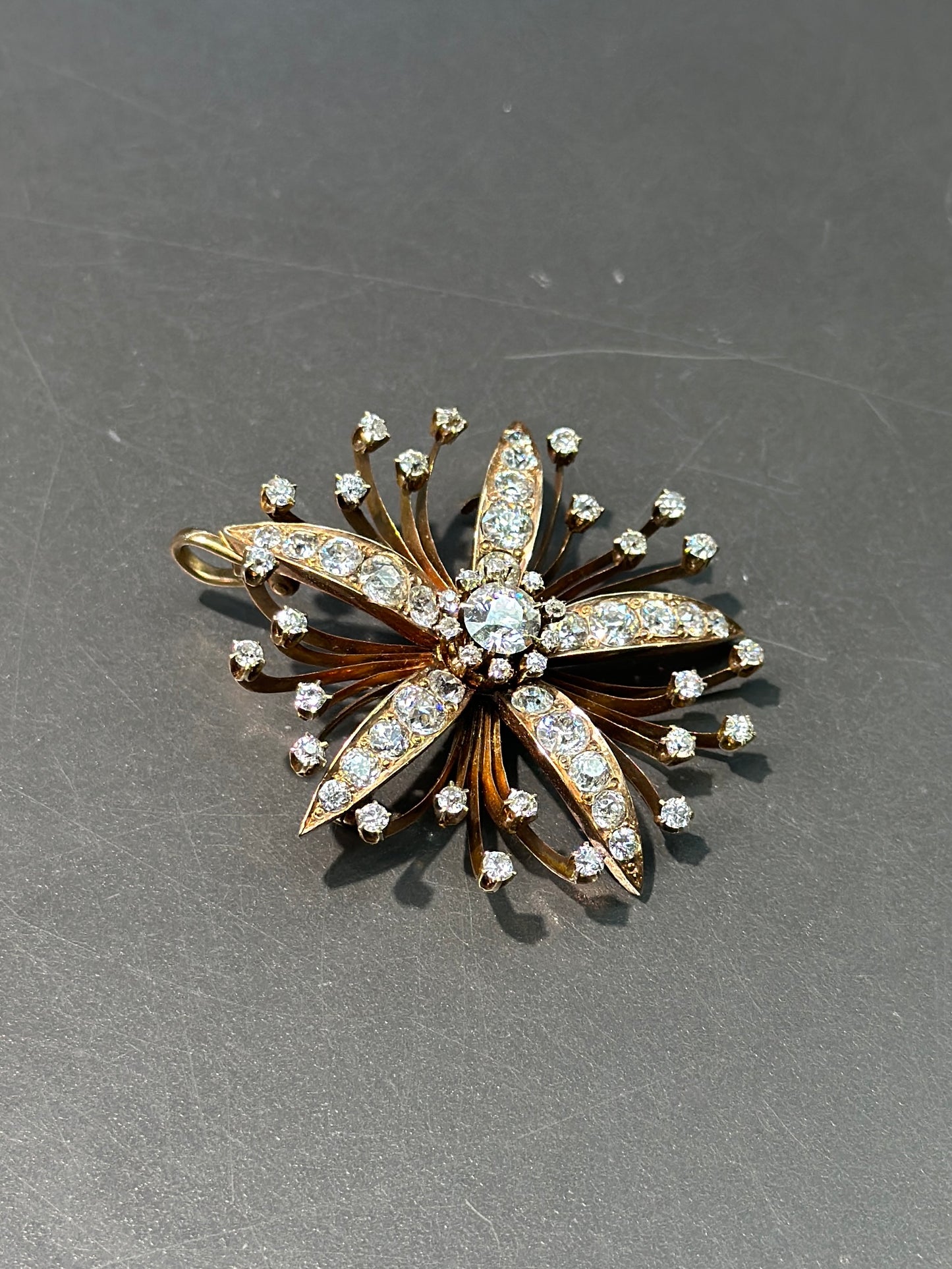 Victorian 14K Gold Diamond Star Flower Brooch Pendant