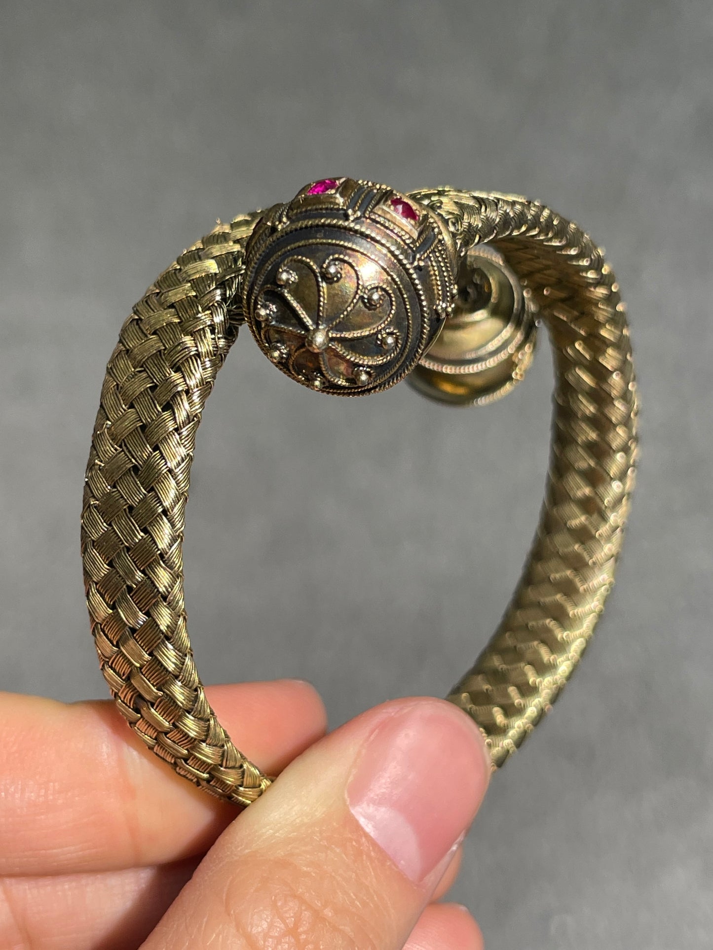 Victorian 14K Gold Ruby Orb Woven Bypass Bangle Bracelet
