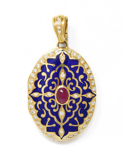 Fabergé 18K Yellow Gold Ruby Diamond Enamel Locket Pendant