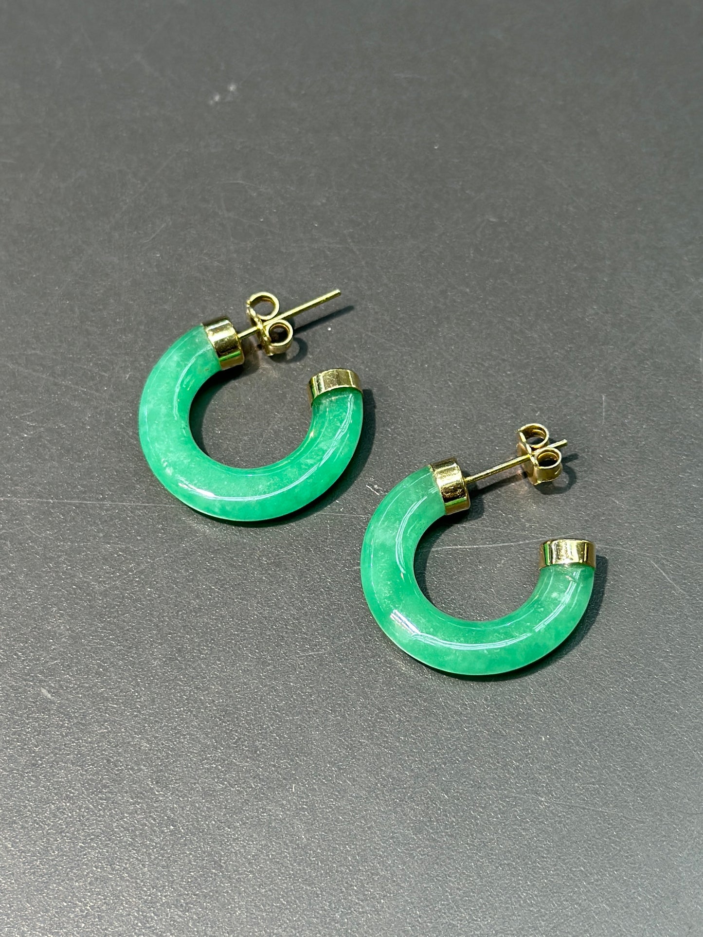 14K Yellow Gold Natural Green Jade Hoop Earrings