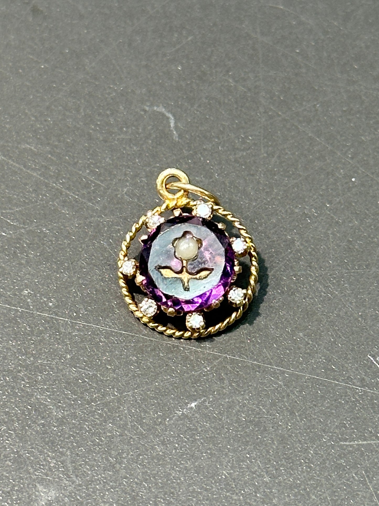 Victorian 14K Gold Amethyst Inlay Flower Diamond Charm