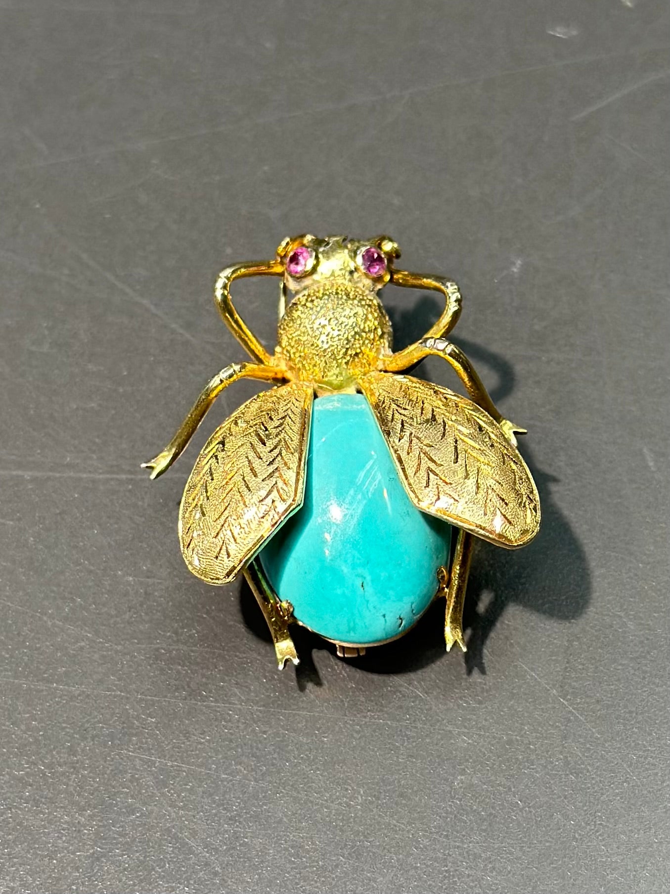 复古 14K 金绿松石和红宝石虫子吊饰