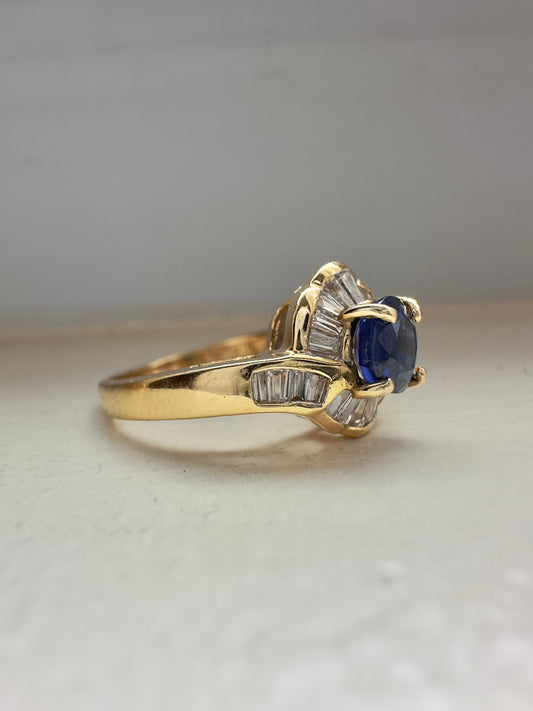 复古 14K 金蓝宝石钻石戒指