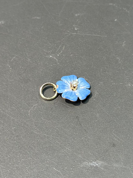 Art Nouveau 14K Gold Enamel Seed Pearl Blue Forget Me Not Flower Charm