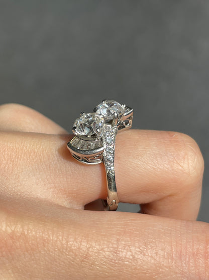Vintage 14K 2.65 CTW Diamond Old European Old Mine Cut Toi Et Moi Candy Ring