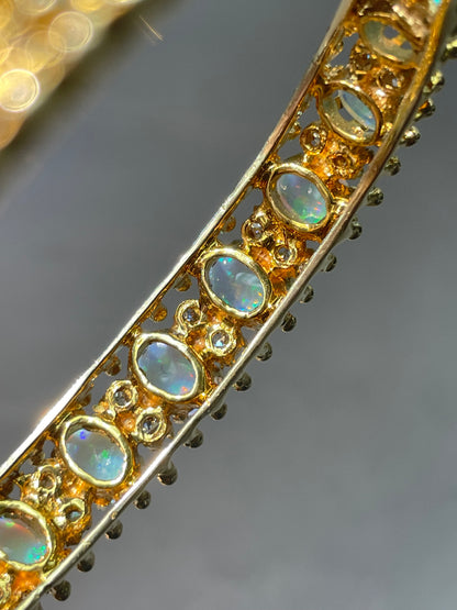 14K 金天然蛋白石 3.0 CTW 钻石手镯