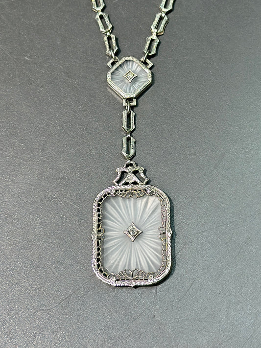 [ON RESERVE] Edwardian 14K Gold Diamond Filigree Camphor Glass Pendant Necklace