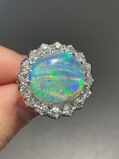 Antique Platinum Opal 1.28ct Diamond Halo Ring