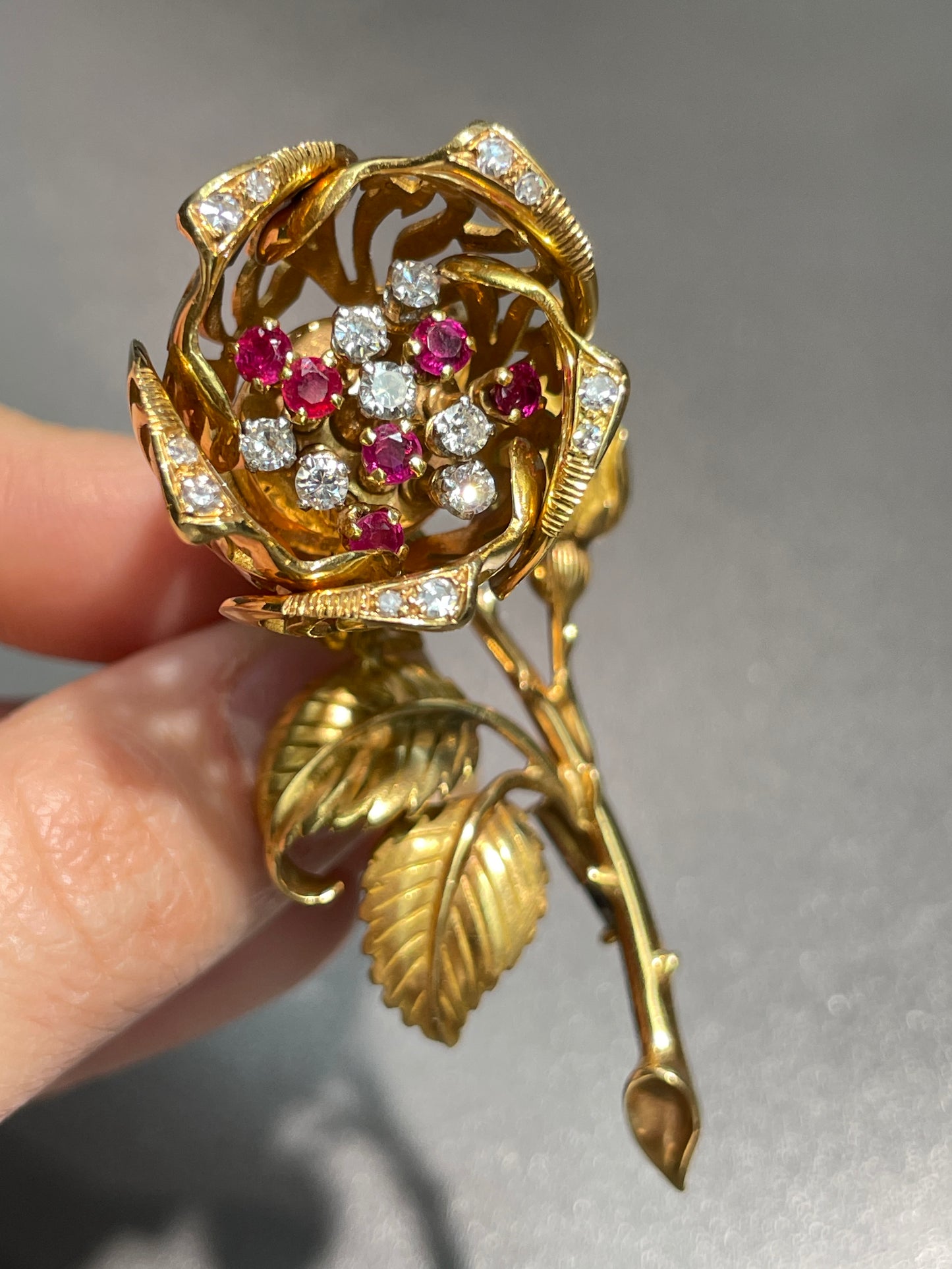 French 18K Gold Ruby Diamond En Tremblant Flower Brooch