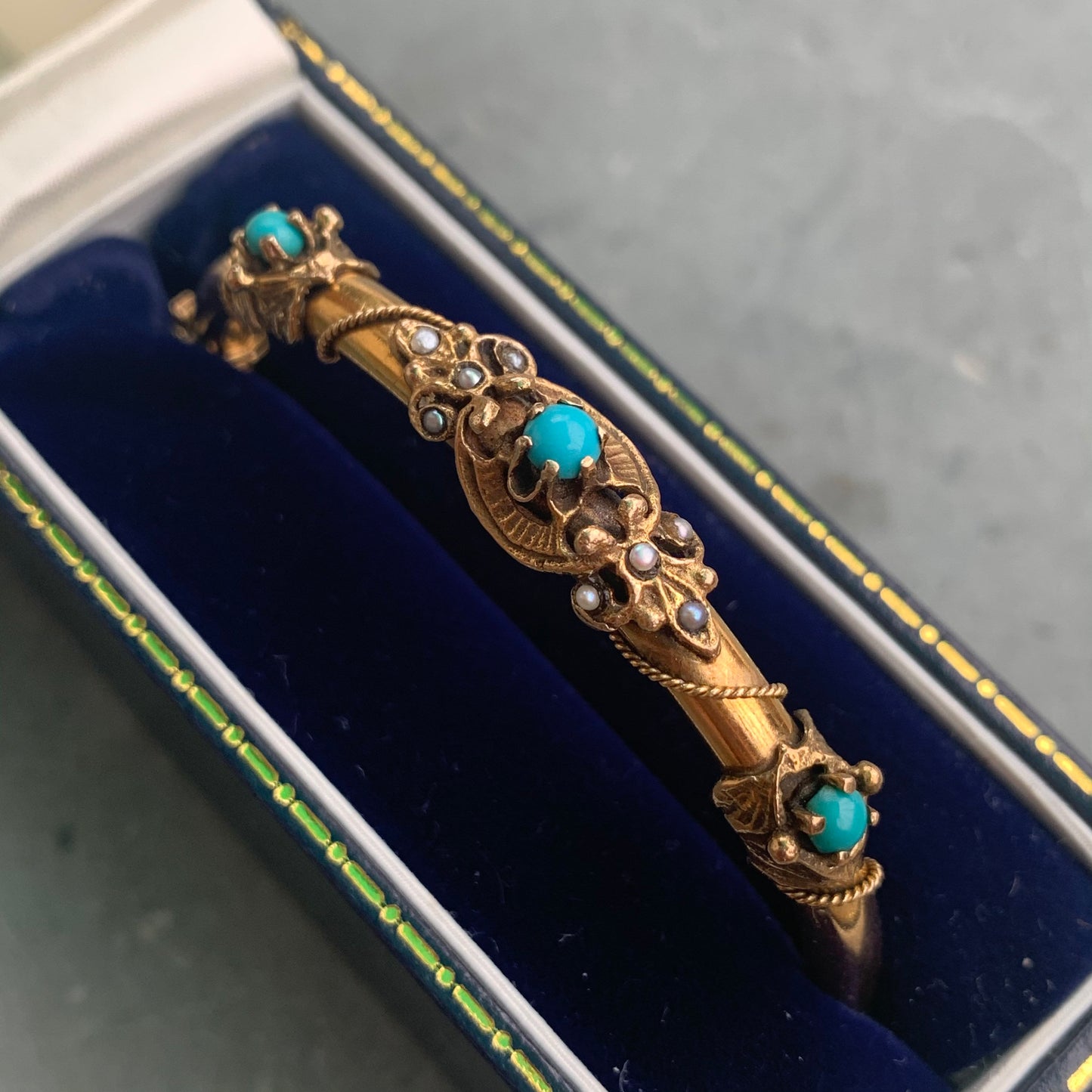 Antique Victorian 14K Gold Natural Turquoise and Seed Bracelet Bangle