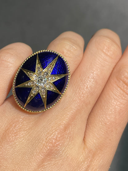 维多利亚 14K 黄金 0.95 CTW 钻石蓝色扭索纹珐琅星光戒指