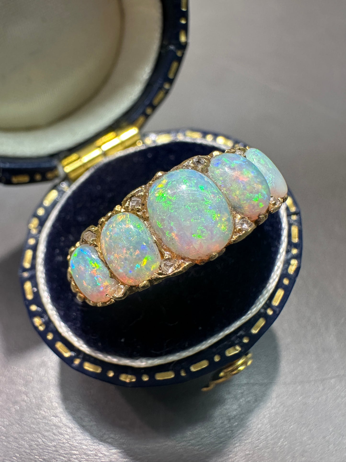 Antique Edwardian 18K Yellow Gold Five Stone Opal Diamond Ring