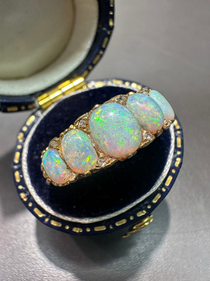 Antique Edwardian 18K Yellow Gold Five Stone Opal Diamond Ring